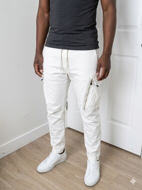 Pull&Bear Men's White Cargo Jogger Pants with Zip Pockets - Size LARGE